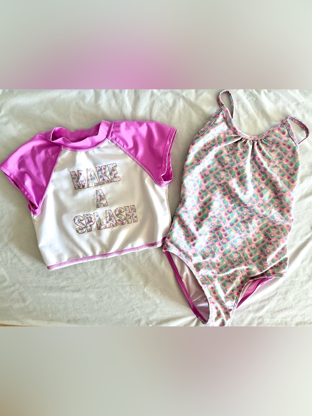 Cat & Jack Girls Swimsuit Set Size S6/6X Mermaid One-Piece & Rash Guard Cover Up